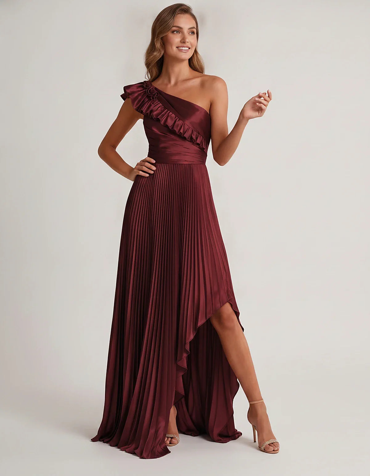 Satin Sleeveless One Shoulder A-Line Maxi Dress for Party, Cocktail, Evening, Wedding Guest, Bridesmaid & Summer Formal Event | SKU: SM-482951736104825-BURGUNDY-L,SM-482951736104825-BURGUNDY-M,SM-482951736104825-BURGUNDY-S,SM-482951736104825-BURGUNDY-XL,SM-482951736104825-BURGUNDY-XS