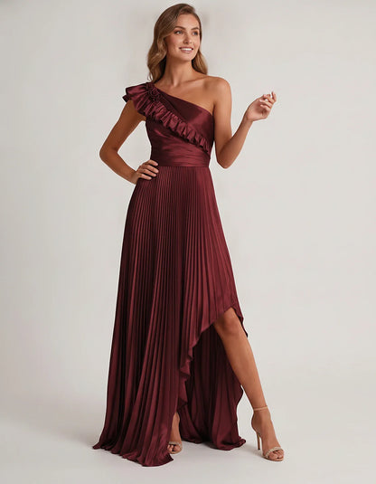 Satin Sleeveless One Shoulder A-Line Maxi Dress for Party, Cocktail, Evening, Wedding Guest, Bridesmaid & Summer Formal Event | SKU: SM-482951736104825-BURGUNDY-L,SM-482951736104825-BURGUNDY-M,SM-482951736104825-BURGUNDY-S,SM-482951736104825-BURGUNDY-XL,SM-482951736104825-BURGUNDY-XS