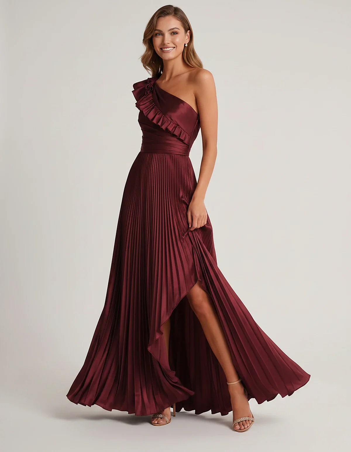 Satin Sleeveless One Shoulder A-Line Maxi Dress for Party, Cocktail, Evening, Wedding Guest, Bridesmaid & Summer Formal Event | SKU: SM-482951736104825-BURGUNDY-L,SM-482951736104825-BURGUNDY-M,SM-482951736104825-BURGUNDY-S,SM-482951736104825-BURGUNDY-XL,SM-482951736104825-BURGUNDY-XS
