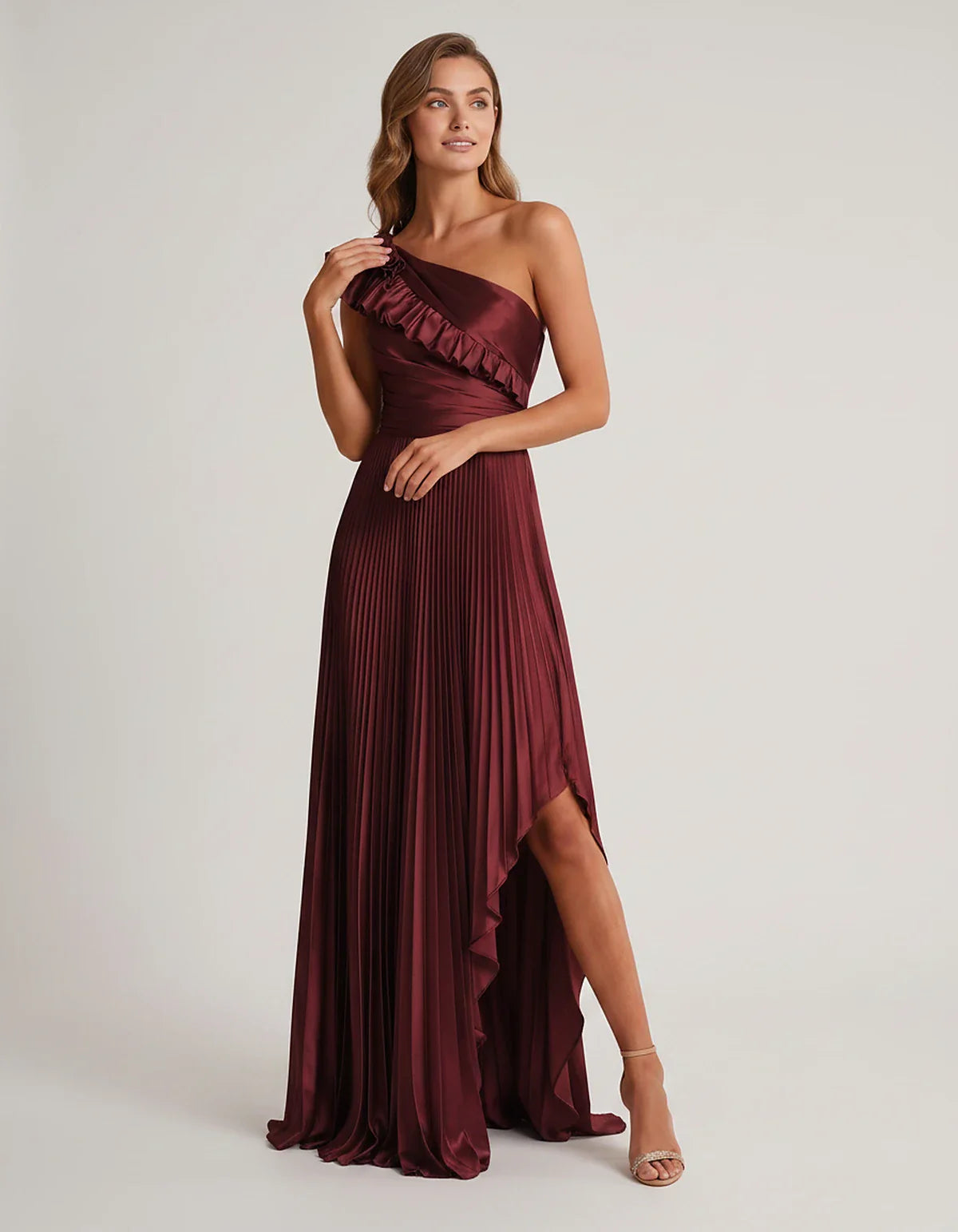 Satin Sleeveless One Shoulder A-Line Maxi Dress for Party, Cocktail, Evening, Wedding Guest, Bridesmaid & Summer Formal Event | SKU: SM-482951736104825-BURGUNDY-L,SM-482951736104825-BURGUNDY-M,SM-482951736104825-BURGUNDY-S,SM-482951736104825-BURGUNDY-XL,SM-482951736104825-BURGUNDY-XS