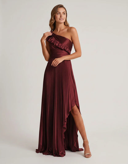 Satin Sleeveless One Shoulder A-Line Maxi Dress for Party, Cocktail, Evening, Wedding Guest, Bridesmaid & Summer Formal Event | SKU: SM-482951736104825-BURGUNDY-L,SM-482951736104825-BURGUNDY-M,SM-482951736104825-BURGUNDY-S,SM-482951736104825-BURGUNDY-XL,SM-482951736104825-BURGUNDY-XS