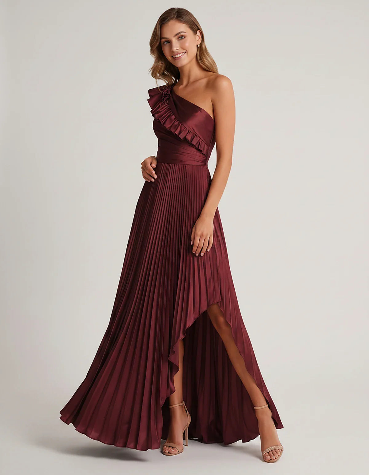 Satin Sleeveless One Shoulder A-Line Maxi Dress for Party, Cocktail, Evening, Wedding Guest, Bridesmaid & Summer Formal Event | SKU: SM-482951736104825-BURGUNDY-L,SM-482951736104825-BURGUNDY-M,SM-482951736104825-BURGUNDY-S,SM-482951736104825-BURGUNDY-XL,SM-482951736104825-BURGUNDY-XS