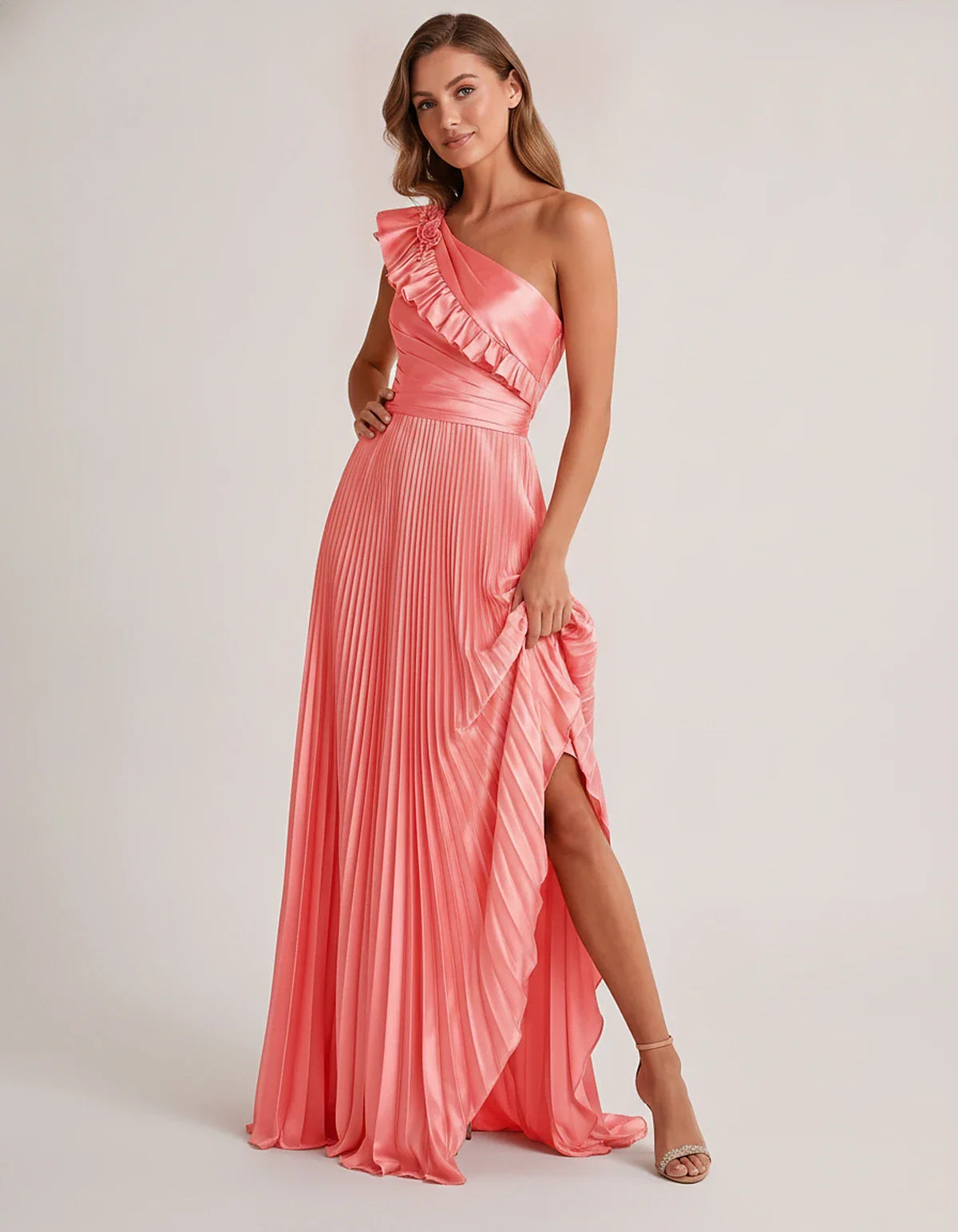 Satin Sleeveless One Shoulder A-Line Maxi Dress for Party, Cocktail, Evening, Wedding Guest, Bridesmaid & Summer Formal Event | SKU: SM-482951736104825-CORAL-L,SM-482951736104825-CORAL-M,SM-482951736104825-CORAL-S,SM-482951736104825-CORAL-XL,SM-482951736104825-CORAL-XS