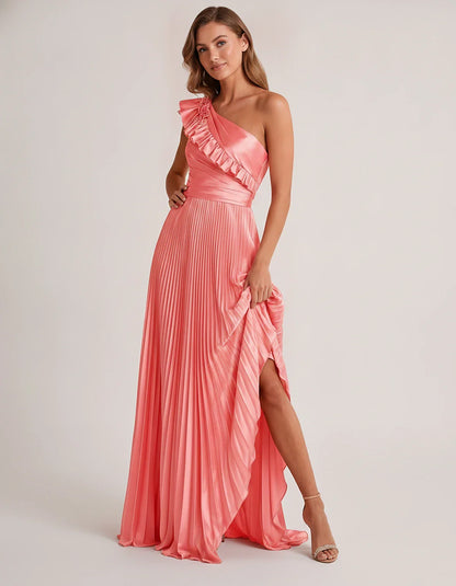 Satin Sleeveless One Shoulder A-Line Maxi Dress for Party, Cocktail, Evening, Wedding Guest, Bridesmaid & Summer Formal Event | SKU: SM-482951736104825-CORAL-L,SM-482951736104825-CORAL-M,SM-482951736104825-CORAL-S,SM-482951736104825-CORAL-XL,SM-482951736104825-CORAL-XS