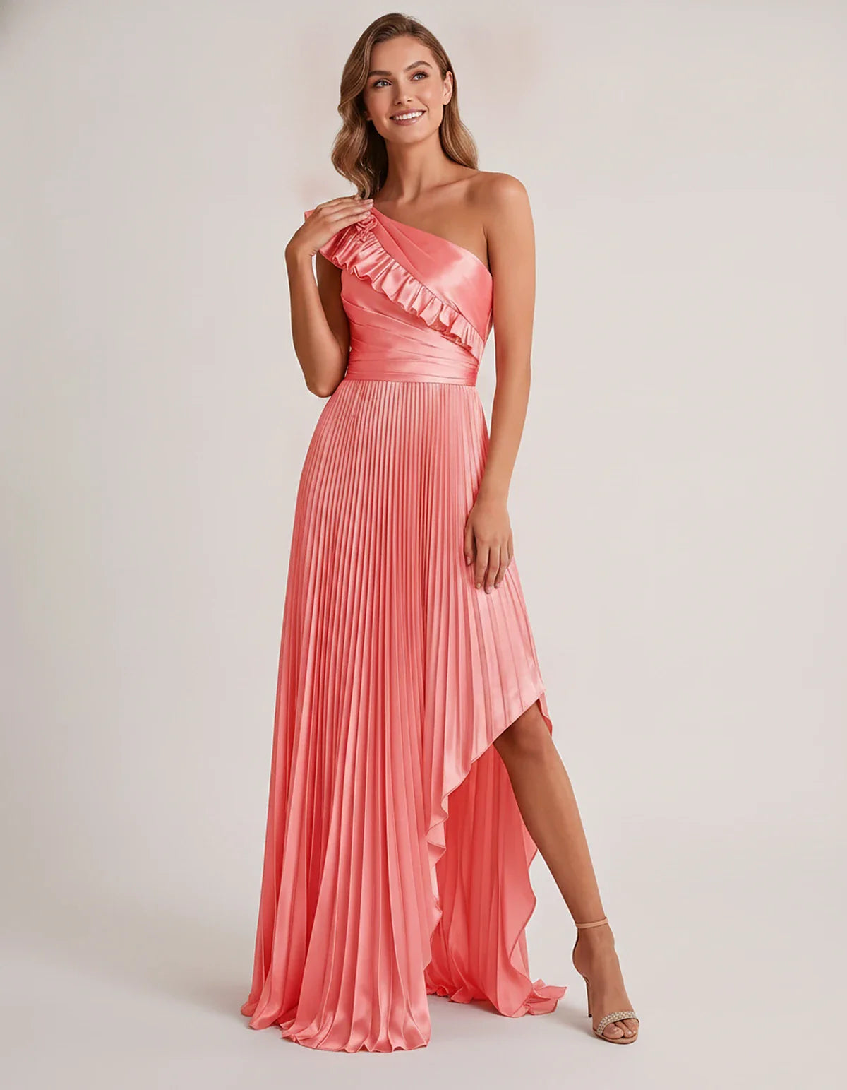 Satin Sleeveless One Shoulder A-Line Maxi Dress for Party, Cocktail, Evening, Wedding Guest, Bridesmaid & Summer Formal Event | SKU: SM-482951736104825-CORAL-L,SM-482951736104825-CORAL-M,SM-482951736104825-CORAL-S,SM-482951736104825-CORAL-XL,SM-482951736104825-CORAL-XS