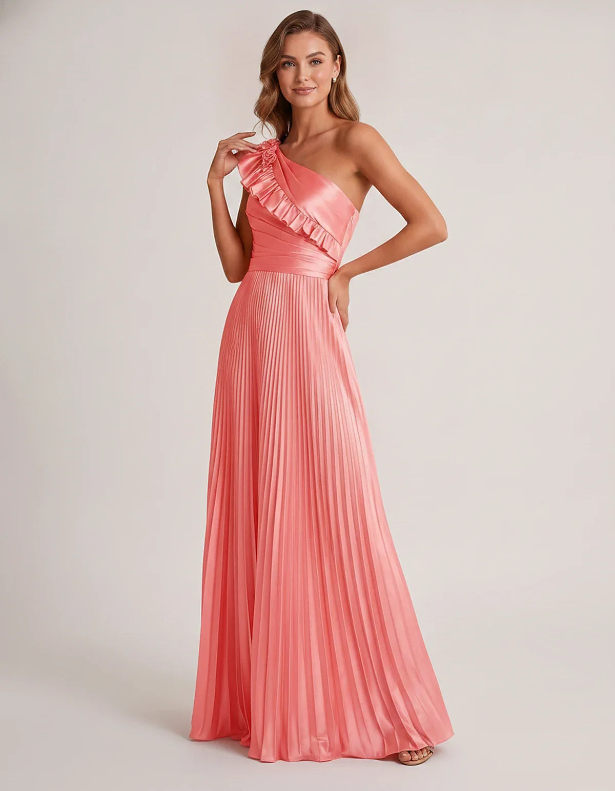 Satin Sleeveless One Shoulder A-Line Maxi Dress for Party, Cocktail, Evening, Wedding Guest, Bridesmaid & Summer Formal Event | SKU: SM-482951736104825-CORAL-L,SM-482951736104825-CORAL-M,SM-482951736104825-CORAL-S,SM-482951736104825-CORAL-XL,SM-482951736104825-CORAL-XS