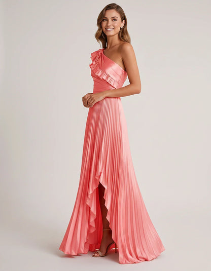 Satin Sleeveless One Shoulder A-Line Maxi Dress for Party, Cocktail, Evening, Wedding Guest, Bridesmaid & Summer Formal Event | SKU: SM-482951736104825-CORAL-L,SM-482951736104825-CORAL-M,SM-482951736104825-CORAL-S,SM-482951736104825-CORAL-XL,SM-482951736104825-CORAL-XS