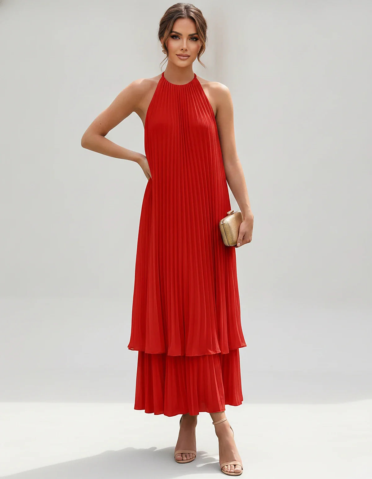Pleated Chiffon Sleeveless Halter Neck A-Line Midi Dress for Party, Cocktail, Evening, Wedding Guest & Summer Events, front v | SKU: SMD-582746193857421-RED-L,SMD-582746193857421-RED-M,SMD-582746193857421-RED-S,SMD-582746193857421-RED-XL,SMD-582746193857421-RED-XS