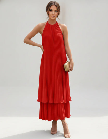 Pleated Chiffon Sleeveless Halter Neck A-Line Midi Dress for Party, Cocktail, Evening, Wedding Guest & Summer Events, front v | SKU: SMD-582746193857421-RED-L,SMD-582746193857421-RED-M,SMD-582746193857421-RED-S,SMD-582746193857421-RED-XL,SMD-582746193857421-RED-XS