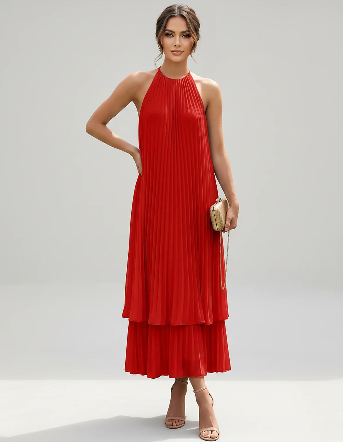 Pleated Chiffon Sleeveless Halter Neck A-Line Midi Dress for Party, Cocktail, Evening, Wedding Guest & Summer Events, front v | SKU: SMD-582746193857421-RED-L,SMD-582746193857421-RED-M,SMD-582746193857421-RED-S,SMD-582746193857421-RED-XL,SMD-582746193857421-RED-XS