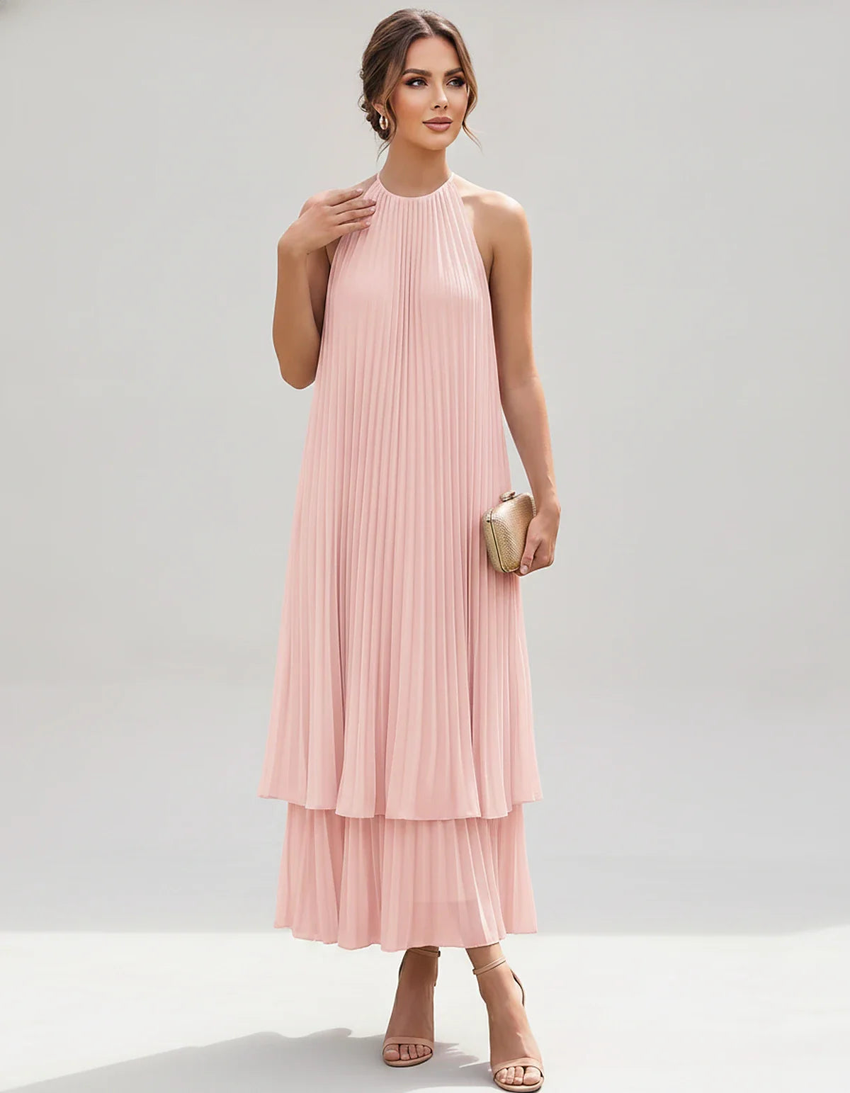 Pleated Chiffon Sleeveless Halter Neck A-Line Midi Dress for Party, Cocktail, Evening, Wedding Guest & Summer Events, front v | SKU: SMD-582746193857421-BLUSH-L,SMD-582746193857421-BLUSH-M,SMD-582746193857421-BLUSH-S,SMD-582746193857421-BLUSH-XL,SMD-582746193857421-BLUSH-XS