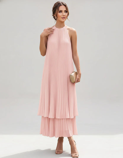 Pleated Chiffon Sleeveless Halter Neck A-Line Midi Dress for Party, Cocktail, Evening, Wedding Guest & Summer Events, front v | SKU: SMD-582746193857421-BLUSH-L,SMD-582746193857421-BLUSH-M,SMD-582746193857421-BLUSH-S,SMD-582746193857421-BLUSH-XL,SMD-582746193857421-BLUSH-XS