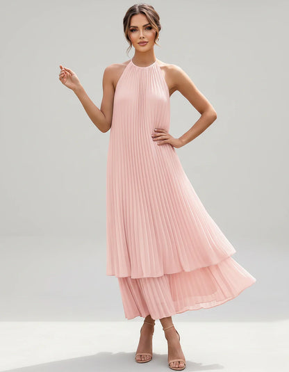Pleated Chiffon Sleeveless Halter Neck A-Line Midi Dress for Party, Cocktail, Evening, Wedding Guest & Summer Events, front v | SKU: SMD-582746193857421-BLUSH-L,SMD-582746193857421-BLUSH-M,SMD-582746193857421-BLUSH-S,SMD-582746193857421-BLUSH-XL,SMD-582746193857421-BLUSH-XS