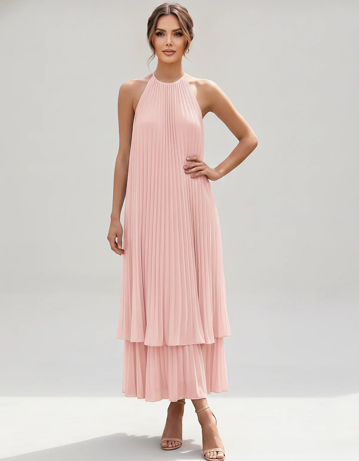 Pleated Chiffon Sleeveless Halter Neck A-Line Midi Dress for Party, Cocktail, Evening, Wedding Guest & Summer Events, front v | SKU: SMD-582746193857421-BLUSH-L,SMD-582746193857421-BLUSH-M,SMD-582746193857421-BLUSH-S,SMD-582746193857421-BLUSH-XL,SMD-582746193857421-BLUSH-XS