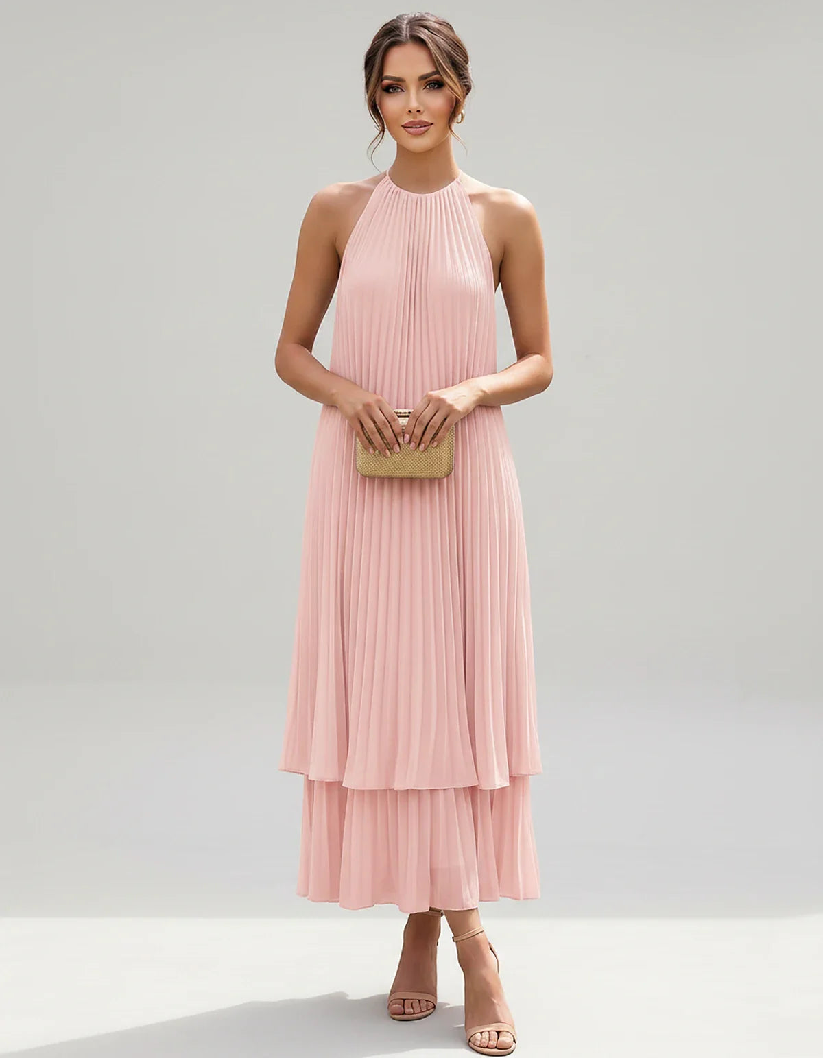 Pleated Chiffon Sleeveless Halter Neck A-Line Midi Dress for Party, Cocktail, Evening, Wedding Guest & Summer Events, front v | SKU: SMD-582746193857421-BLUSH-L,SMD-582746193857421-BLUSH-M,SMD-582746193857421-BLUSH-S,SMD-582746193857421-BLUSH-XL,SMD-582746193857421-BLUSH-XS