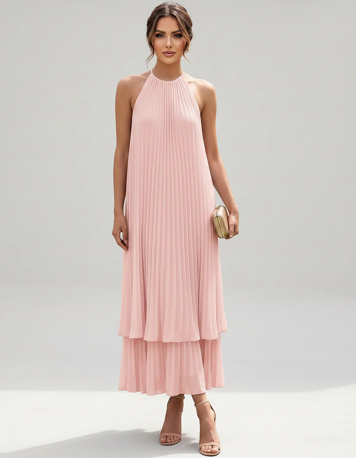 Pleated Chiffon Sleeveless Halter Neck A-Line Midi Dress for Party, Cocktail, Evening, Wedding Guest & Summer Events, front v | SKU: SMD-582746193857421-BLUSH-L,SMD-582746193857421-BLUSH-M,SMD-582746193857421-BLUSH-S,SMD-582746193857421-BLUSH-XL,SMD-582746193857421-BLUSH-XS