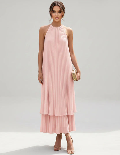 Pleated Chiffon Sleeveless Halter Neck A-Line Midi Dress for Party, Cocktail, Evening, Wedding Guest & Summer Events, front v | SKU: SMD-582746193857421-BLUSH-L,SMD-582746193857421-BLUSH-M,SMD-582746193857421-BLUSH-S,SMD-582746193857421-BLUSH-XL,SMD-582746193857421-BLUSH-XS