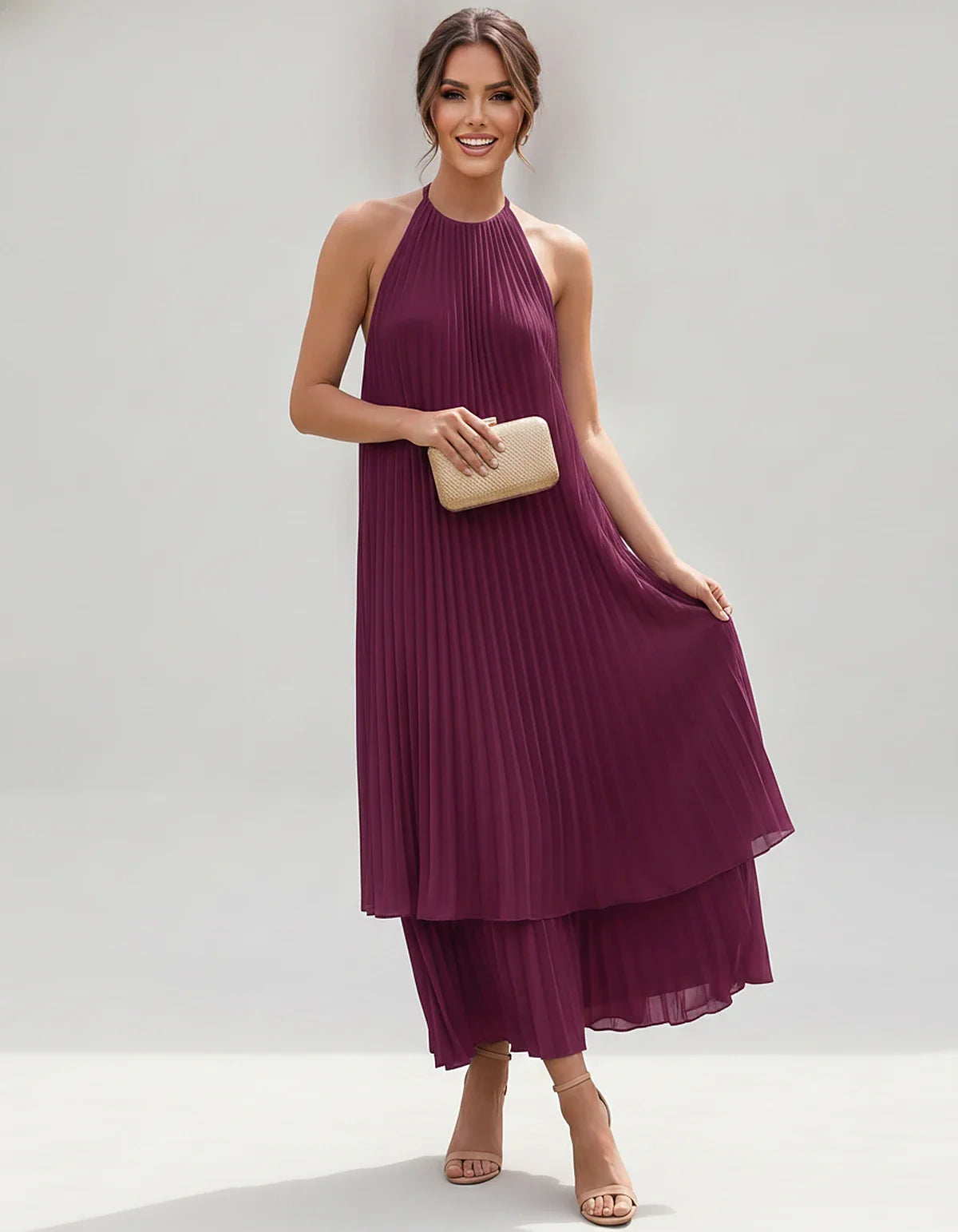 Pleated Chiffon Sleeveless Halter Neck A-Line Midi Dress for Party, Cocktail, Evening, Wedding Guest & Summer Events, front v | SKU: SMD-582746193857421-PLUM-L,SMD-582746193857421-PLUM-M,SMD-582746193857421-PLUM-S,SMD-582746193857421-PLUM-XL,SMD-582746193857421-PLUM-XS