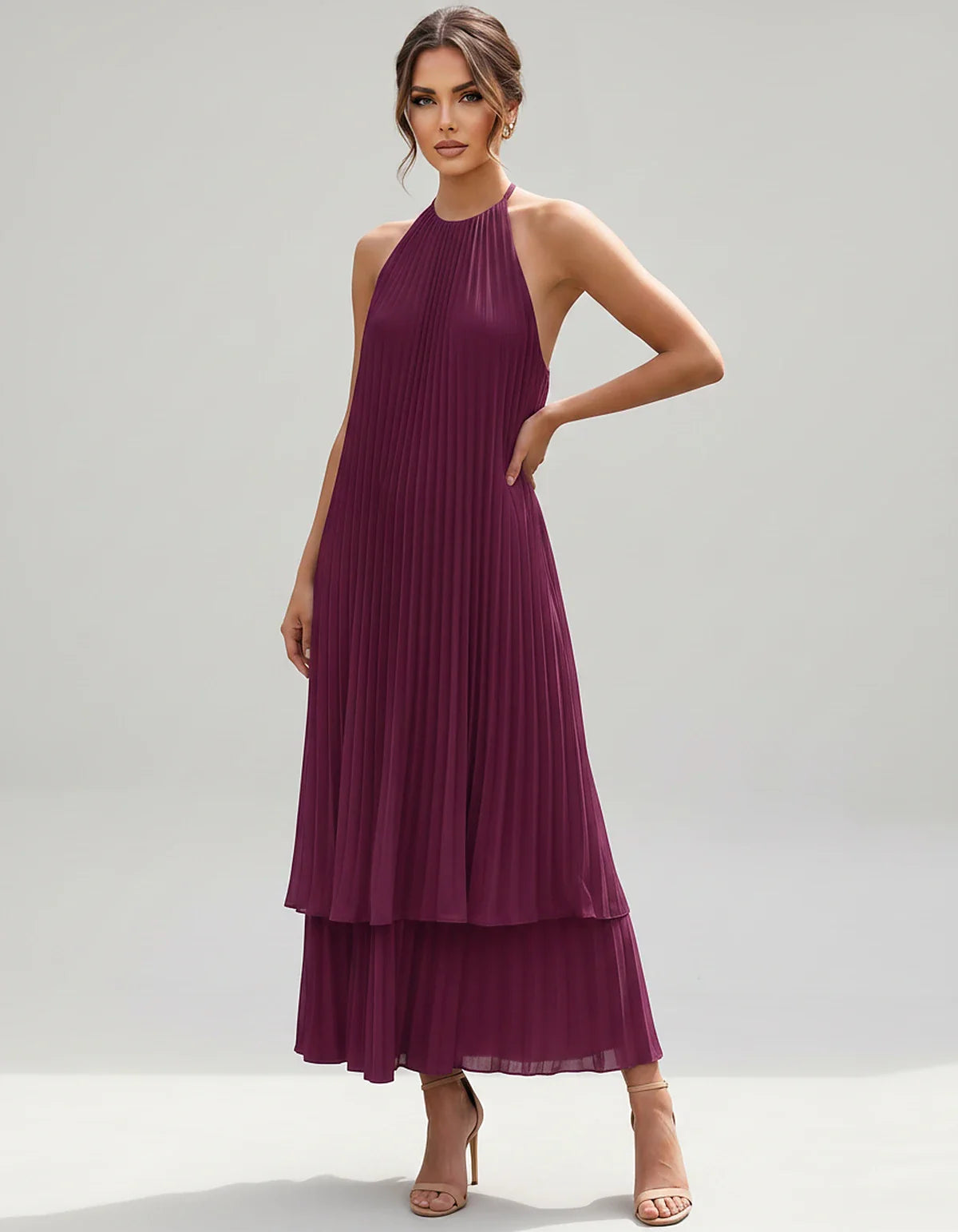 Pleated Chiffon Sleeveless Halter Neck A-Line Midi Dress for Party, Cocktail, Evening, Wedding Guest & Summer Events, front v | SKU: SMD-582746193857421-PLUM-L,SMD-582746193857421-PLUM-M,SMD-582746193857421-PLUM-S,SMD-582746193857421-PLUM-XL,SMD-582746193857421-PLUM-XS