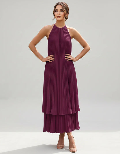 Pleated Chiffon Sleeveless Halter Neck A-Line Midi Dress for Party, Cocktail, Evening, Wedding Guest & Summer Events, front v | SKU: SMD-582746193857421-PLUM-L,SMD-582746193857421-PLUM-M,SMD-582746193857421-PLUM-S,SMD-582746193857421-PLUM-XL,SMD-582746193857421-PLUM-XS