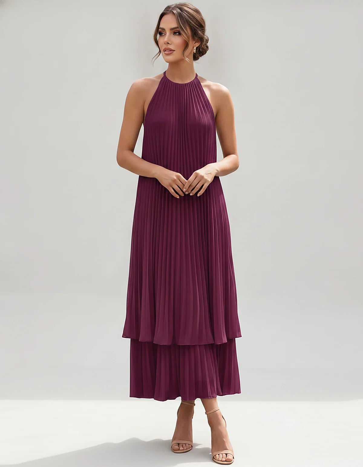 Pleated Chiffon Sleeveless Halter Neck A-Line Midi Dress for Party, Cocktail, Evening, Wedding Guest & Summer Events, front v | SKU: SMD-582746193857421-PLUM-L,SMD-582746193857421-PLUM-M,SMD-582746193857421-PLUM-S,SMD-582746193857421-PLUM-XL,SMD-582746193857421-PLUM-XS