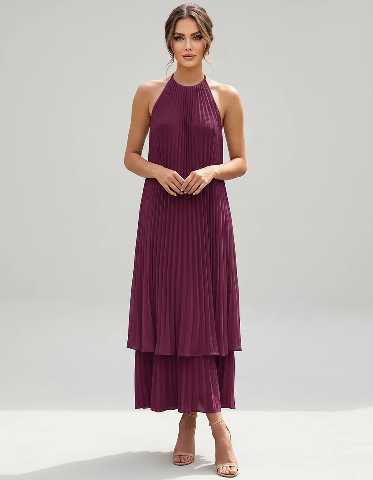 Pleated Chiffon Sleeveless Halter Neck A-Line Midi Dress for Party, Cocktail, Evening, Wedding Guest & Summer Events, front v | SKU: SMD-582746193857421-PLUM-L,SMD-582746193857421-PLUM-M,SMD-582746193857421-PLUM-S,SMD-582746193857421-PLUM-XL,SMD-582746193857421-PLUM-XS