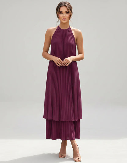Pleated Chiffon Sleeveless Halter Neck A-Line Midi Dress for Party, Cocktail, Evening, Wedding Guest & Summer Events, front v | SKU: SMD-582746193857421-PLUM-L,SMD-582746193857421-PLUM-M,SMD-582746193857421-PLUM-S,SMD-582746193857421-PLUM-XL,SMD-582746193857421-PLUM-XS