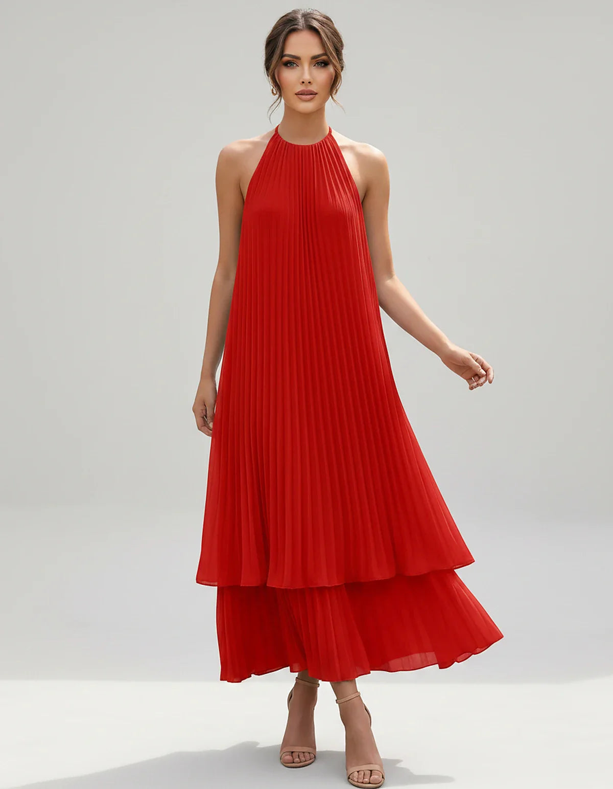 Pleated Chiffon Sleeveless Halter Neck A-Line Midi Dress for Party, Cocktail, Evening, Wedding Guest & Summer Events, front v | SKU: SMD-582746193857421-RED-L,SMD-582746193857421-RED-M,SMD-582746193857421-RED-S,SMD-582746193857421-RED-XL,SMD-582746193857421-RED-XS