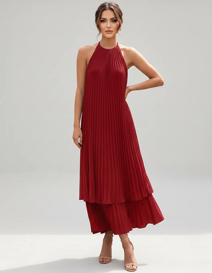 Pleated Chiffon Sleeveless Halter Neck A-Line Midi Dress for Party, Cocktail, Evening, Wedding Guest & Summer Events, front v | SKU: SMD-582746193857421-BURGUNDY-L,SMD-582746193857421-BURGUNDY-M,SMD-582746193857421-BURGUNDY-S,SMD-582746193857421-BURGUNDY-XL,SMD-582746193857421-BURGUNDY-XS