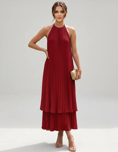 Pleated Chiffon Sleeveless Halter Neck A-Line Midi Dress for Party, Cocktail, Evening, Wedding Guest & Summer Events, front v | SKU: SMD-582746193857421-BURGUNDY-L,SMD-582746193857421-BURGUNDY-M,SMD-582746193857421-BURGUNDY-S,SMD-582746193857421-BURGUNDY-XL,SMD-582746193857421-BURGUNDY-XS