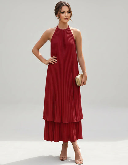 Pleated Chiffon Sleeveless Halter Neck A-Line Midi Dress for Party, Cocktail, Evening, Wedding Guest & Summer Events, front v | SKU: SMD-582746193857421-BURGUNDY-L,SMD-582746193857421-BURGUNDY-M,SMD-582746193857421-BURGUNDY-S,SMD-582746193857421-BURGUNDY-XL,SMD-582746193857421-BURGUNDY-XS