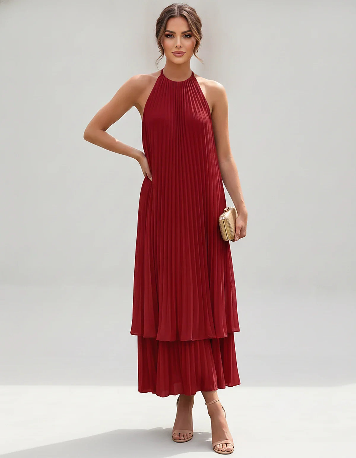 Pleated Chiffon Sleeveless Halter Neck A-Line Midi Dress for Party, Cocktail, Evening, Wedding Guest & Summer Events, front v | SKU: SMD-582746193857421-BURGUNDY-L,SMD-582746193857421-BURGUNDY-M,SMD-582746193857421-BURGUNDY-S,SMD-582746193857421-BURGUNDY-XL,SMD-582746193857421-BURGUNDY-XS