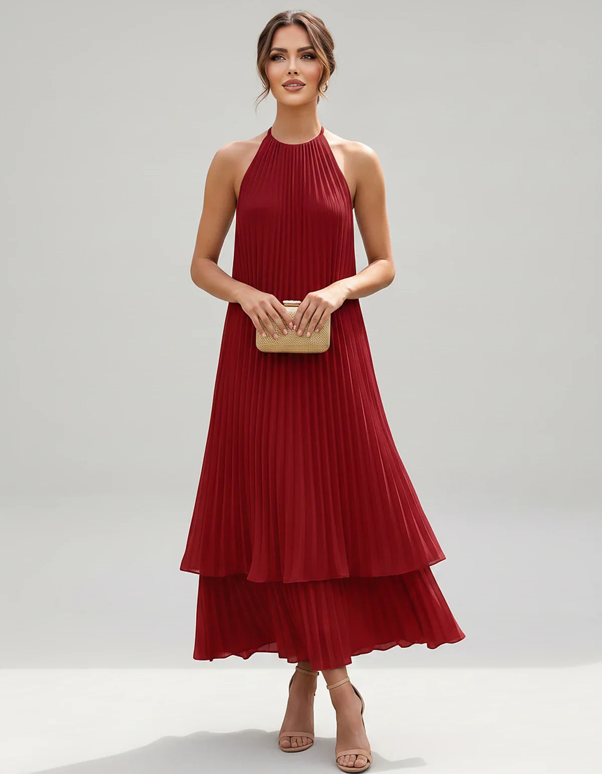 Pleated Chiffon Sleeveless Halter Neck A-Line Midi Dress for Party, Cocktail, Evening, Wedding Guest & Summer Events, front v | SKU: SMD-582746193857421-BURGUNDY-L,SMD-582746193857421-BURGUNDY-M,SMD-582746193857421-BURGUNDY-S,SMD-582746193857421-BURGUNDY-XL,SMD-582746193857421-BURGUNDY-XS