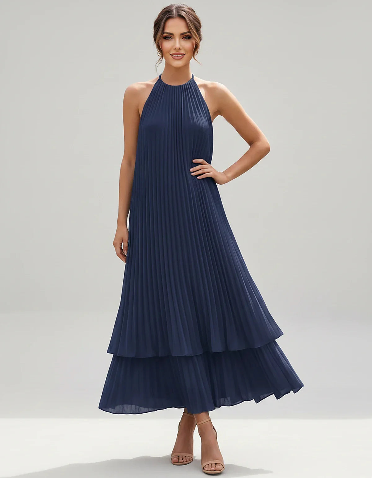 Pleated Chiffon Sleeveless Halter Neck A-Line Midi Dress for Party, Cocktail, Evening, Wedding Guest & Summer Events, front v | SKU: SMD-582746193857421-NAVY-L,SMD-582746193857421-NAVY-M,SMD-582746193857421-NAVY-S,SMD-582746193857421-NAVY-XL,SMD-582746193857421-NAVY-XS