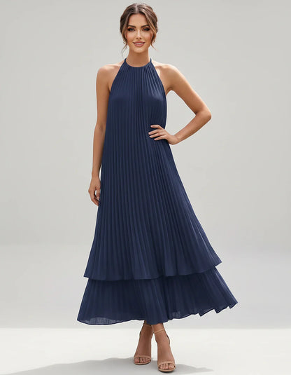 Pleated Chiffon Sleeveless Halter Neck A-Line Midi Dress for Party, Cocktail, Evening, Wedding Guest & Summer Events, front v | SKU: SMD-582746193857421-NAVY-L,SMD-582746193857421-NAVY-M,SMD-582746193857421-NAVY-S,SMD-582746193857421-NAVY-XL,SMD-582746193857421-NAVY-XS