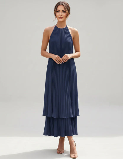 Pleated Chiffon Sleeveless Halter Neck A-Line Midi Dress for Party, Cocktail, Evening, Wedding Guest & Summer Events, front v | SKU: SMD-582746193857421-NAVY-L,SMD-582746193857421-NAVY-M,SMD-582746193857421-NAVY-S,SMD-582746193857421-NAVY-XL,SMD-582746193857421-NAVY-XS