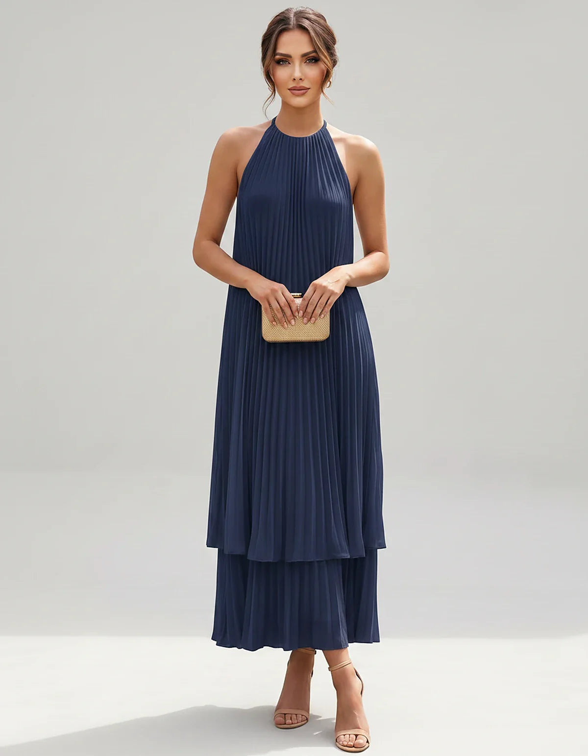 Pleated Chiffon Sleeveless Halter Neck A-Line Midi Dress for Party, Cocktail, Evening, Wedding Guest & Summer Events, front v | SKU: SMD-582746193857421-NAVY-L,SMD-582746193857421-NAVY-M,SMD-582746193857421-NAVY-S,SMD-582746193857421-NAVY-XL,SMD-582746193857421-NAVY-XS