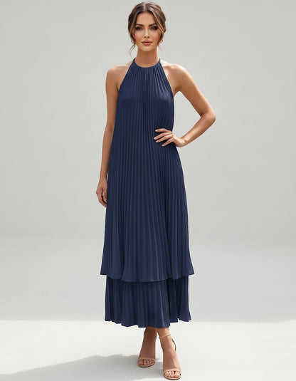 Pleated Chiffon Sleeveless Halter Neck A-Line Midi Dress for Party, Cocktail, Evening, Wedding Guest & Summer Events, front v | SKU: SMD-582746193857421-NAVY-L,SMD-582746193857421-NAVY-M,SMD-582746193857421-NAVY-S,SMD-582746193857421-NAVY-XL,SMD-582746193857421-NAVY-XS