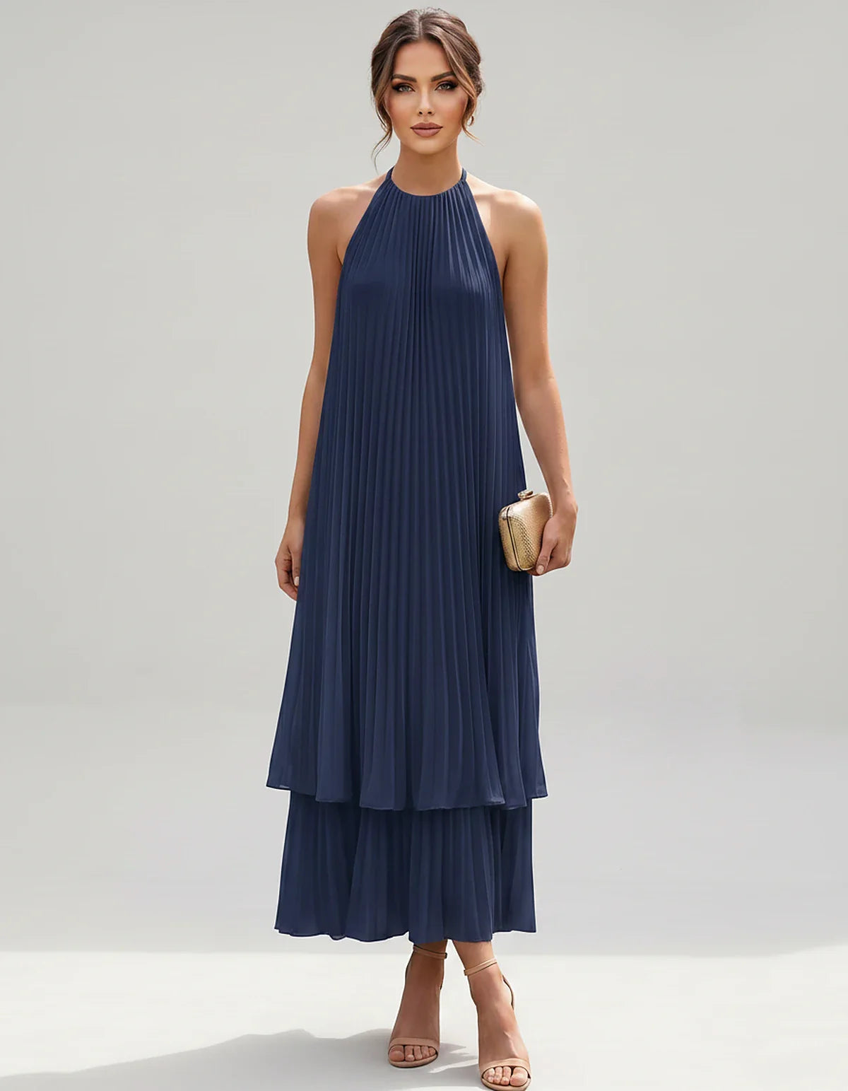 Pleated Chiffon Sleeveless Halter Neck A-Line Midi Dress for Party, Cocktail, Evening, Wedding Guest & Summer Events, front v | SKU: SMD-582746193857421-NAVY-L,SMD-582746193857421-NAVY-M,SMD-582746193857421-NAVY-S,SMD-582746193857421-NAVY-XL,SMD-582746193857421-NAVY-XS