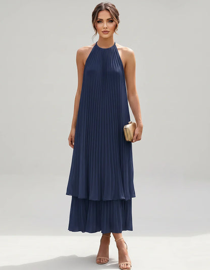Pleated Chiffon Sleeveless Halter Neck A-Line Midi Dress for Party, Cocktail, Evening, Wedding Guest & Summer Events, front v | SKU: SMD-582746193857421-NAVY-L,SMD-582746193857421-NAVY-M,SMD-582746193857421-NAVY-S,SMD-582746193857421-NAVY-XL,SMD-582746193857421-NAVY-XS
