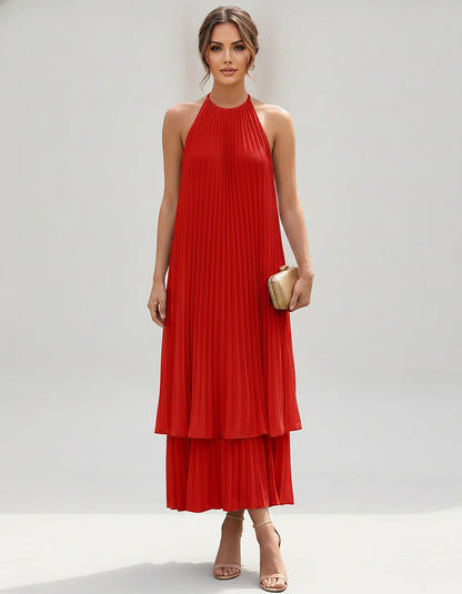 Pleated Chiffon Sleeveless Halter Neck A-Line Midi Dress for Party, Cocktail, Evening, Wedding Guest & Summer Events, front v | SKU: SMD-582746193857421-RED-L,SMD-582746193857421-RED-M,SMD-582746193857421-RED-S,SMD-582746193857421-RED-XL,SMD-582746193857421-RED-XS