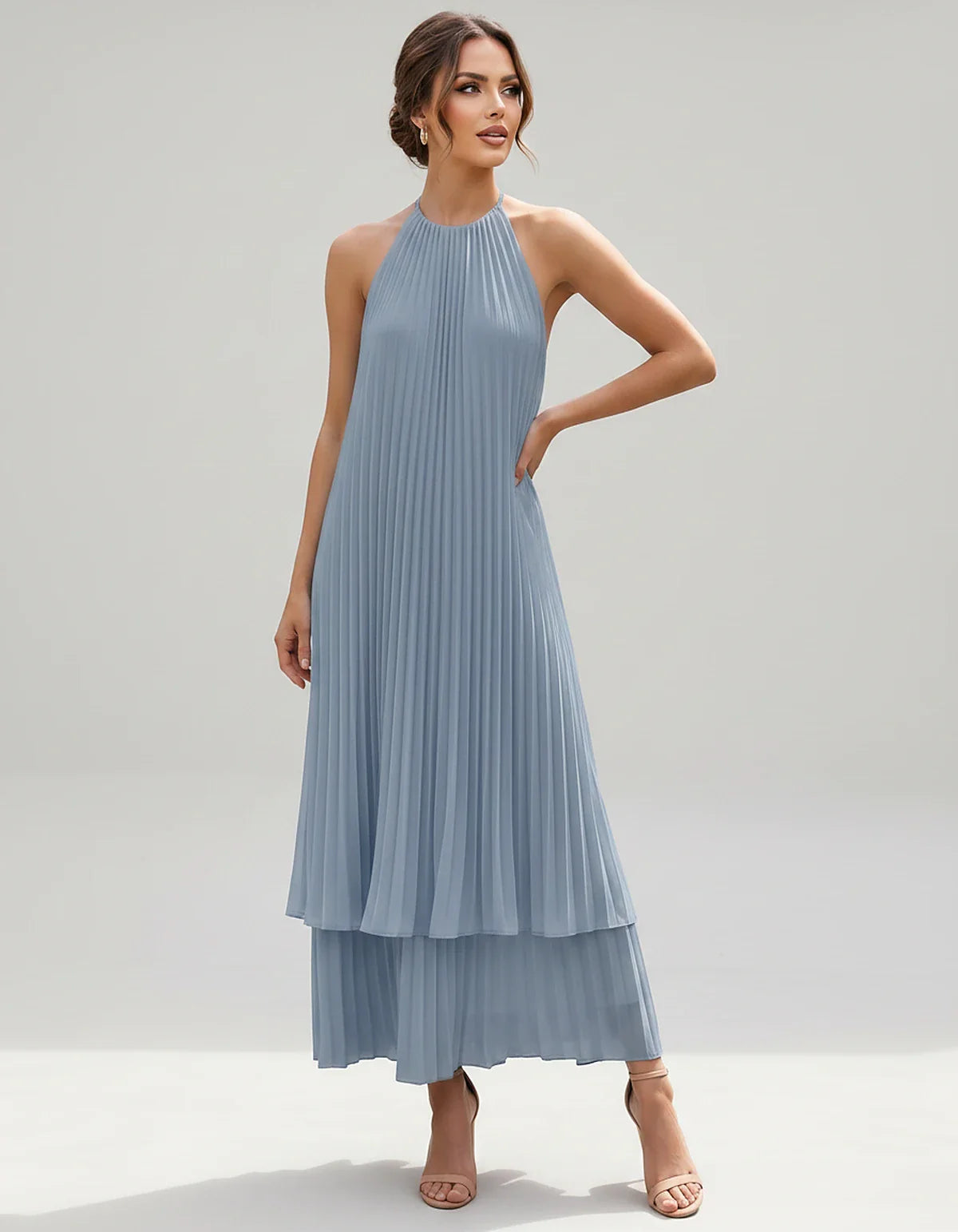 Pleated Chiffon Sleeveless Halter Neck A-Line Midi Dress for Party, Cocktail, Evening, Wedding Guest & Summer Events, front v | SKU: SMD-582746193857421-DUSTYBLUE-L,SMD-582746193857421-DUSTYBLUE-M,SMD-582746193857421-DUSTYBLUE-S,SMD-582746193857421-DUSTYBLUE-XL,SMD-582746193857421-DUSTYBLUE-XS