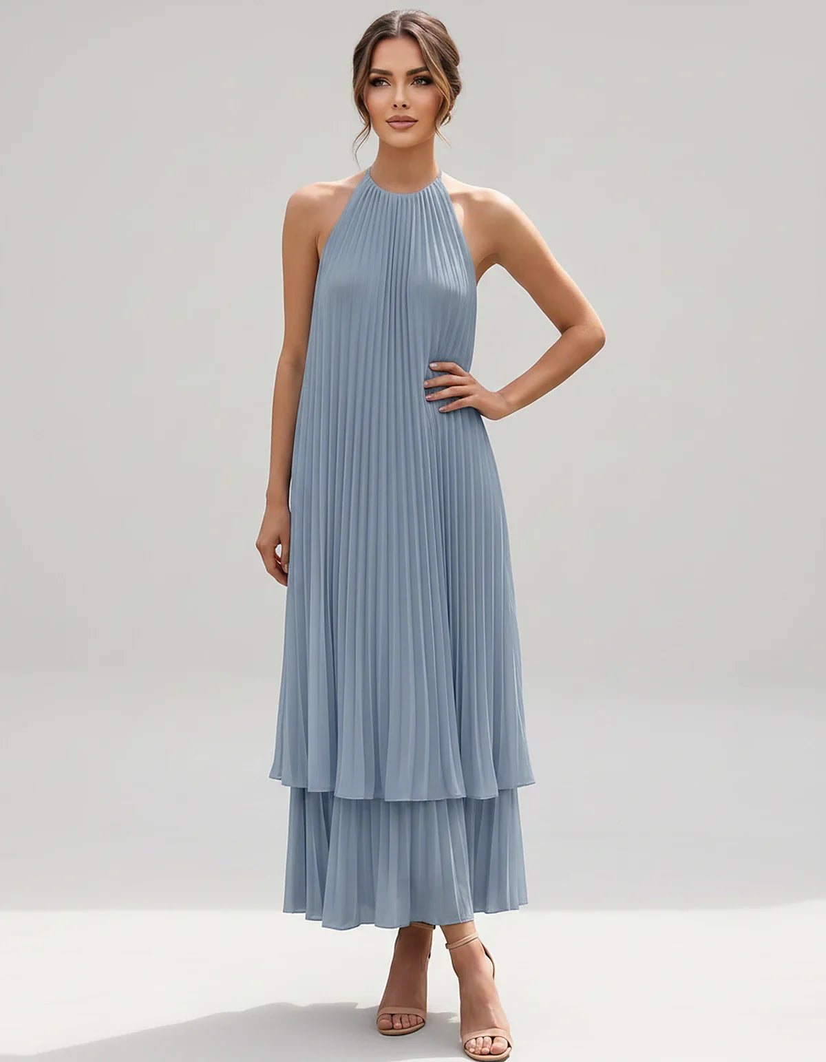 Pleated Chiffon Sleeveless Halter Neck A-Line Midi Dress for Party, Cocktail, Evening, Wedding Guest & Summer Events, front v | SKU: SMD-582746193857421-DUSTYBLUE-L,SMD-582746193857421-DUSTYBLUE-M,SMD-582746193857421-DUSTYBLUE-S,SMD-582746193857421-DUSTYBLUE-XL,SMD-582746193857421-DUSTYBLUE-XS