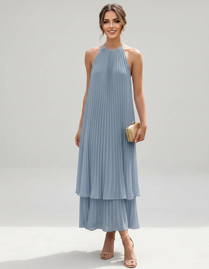 Pleated Chiffon Sleeveless Halter Neck A-Line Midi Dress for Party, Cocktail, Evening, Wedding Guest & Summer Events, front v | SKU: SMD-582746193857421-DUSTYBLUE-L,SMD-582746193857421-DUSTYBLUE-M,SMD-582746193857421-DUSTYBLUE-S,SMD-582746193857421-DUSTYBLUE-XL,SMD-582746193857421-DUSTYBLUE-XS