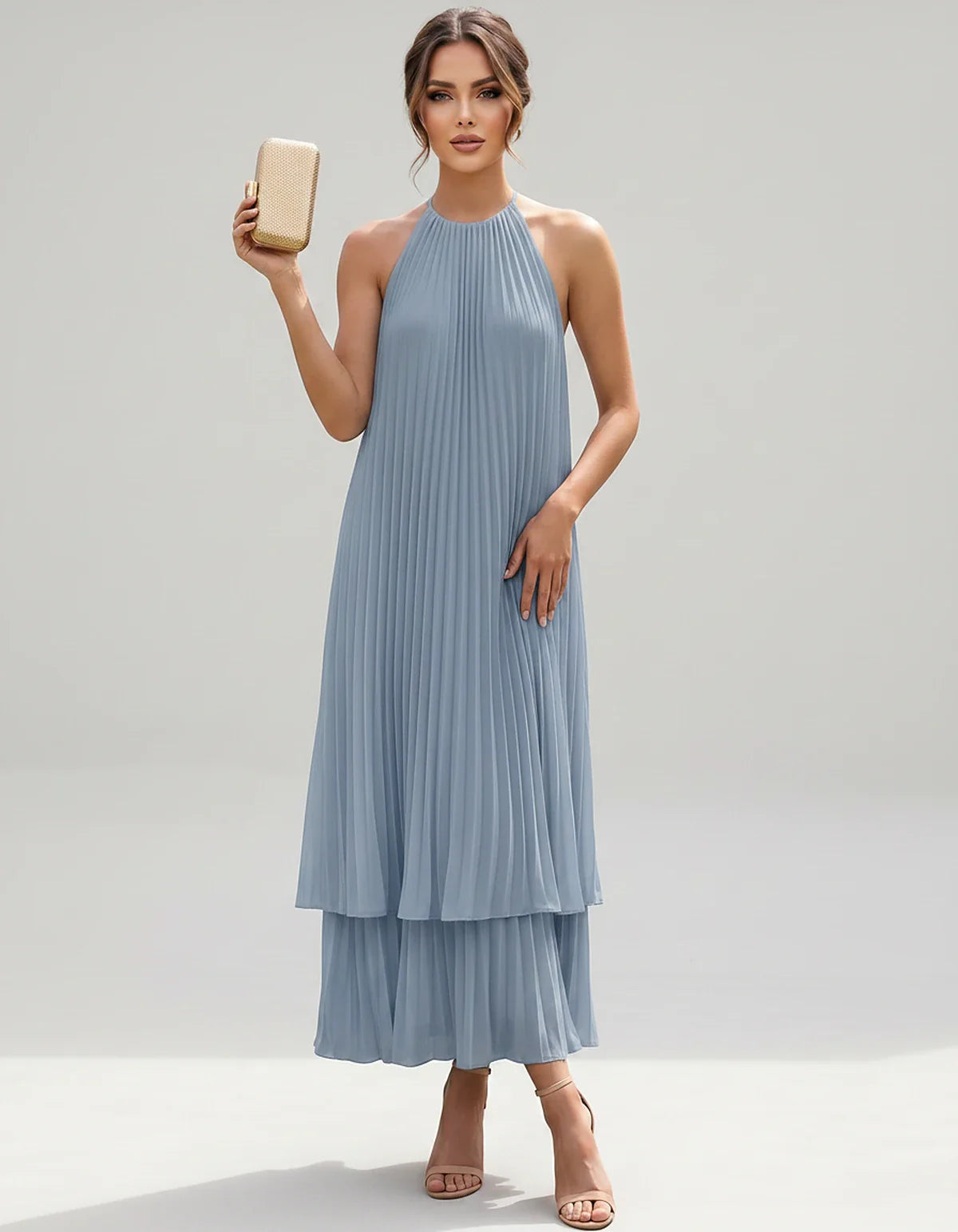 Pleated Chiffon Sleeveless Halter Neck A-Line Midi Dress for Party, Cocktail, Evening, Wedding Guest & Summer Events, front v | SKU: SMD-582746193857421-DUSTYBLUE-L,SMD-582746193857421-DUSTYBLUE-M,SMD-582746193857421-DUSTYBLUE-S,SMD-582746193857421-DUSTYBLUE-XL,SMD-582746193857421-DUSTYBLUE-XS