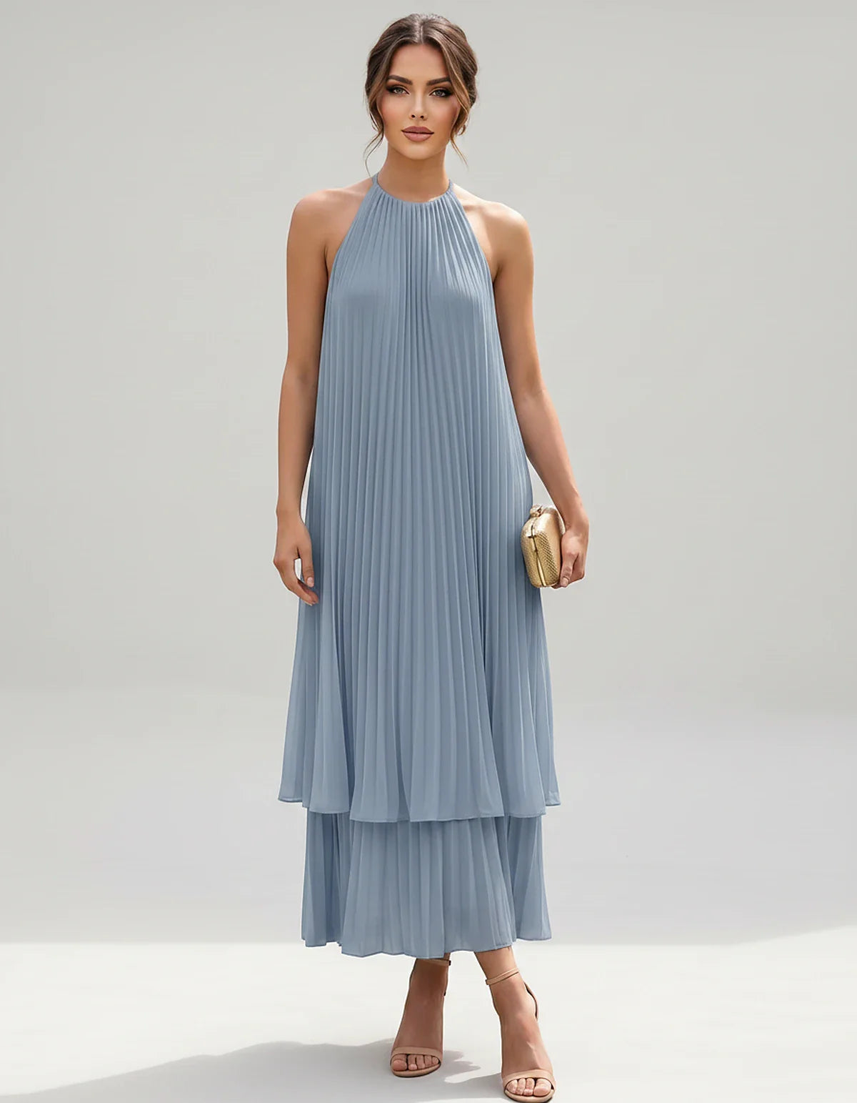 Pleated Chiffon Sleeveless Halter Neck A-Line Midi Dress for Party, Cocktail, Evening, Wedding Guest & Summer Events, front v | SKU: SMD-582746193857421-DUSTYBLUE-L,SMD-582746193857421-DUSTYBLUE-M,SMD-582746193857421-DUSTYBLUE-S,SMD-582746193857421-DUSTYBLUE-XL,SMD-582746193857421-DUSTYBLUE-XS