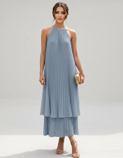 Pleated Chiffon Sleeveless Halter Neck A-Line Midi Dress for Party, Cocktail, Evening, Wedding Guest & Summer Events, front v | SKU: SMD-582746193857421-DUSTYBLUE-L,SMD-582746193857421-DUSTYBLUE-M,SMD-582746193857421-DUSTYBLUE-S,SMD-582746193857421-DUSTYBLUE-XL,SMD-582746193857421-DUSTYBLUE-XS