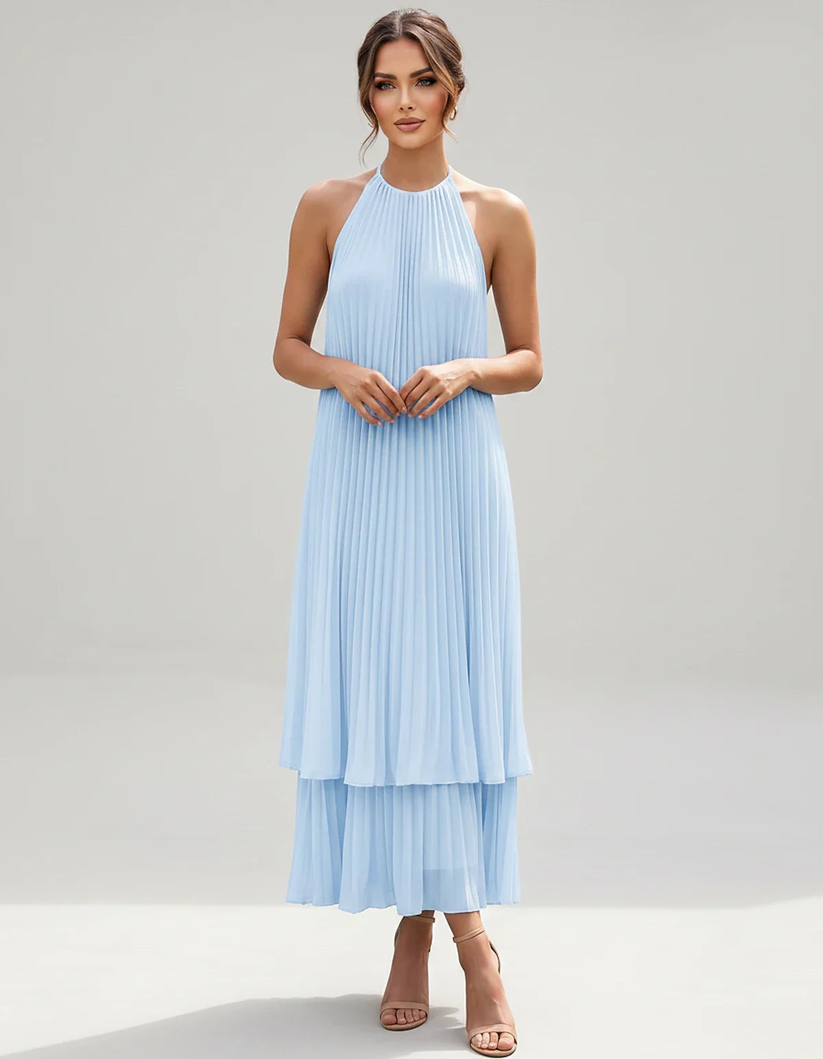 Pleated Chiffon Sleeveless Halter Neck A-Line Midi Dress for Party, Cocktail, Evening, Wedding Guest & Summer Events, front v | SKU: SMD-582746193857421-LIGHTBLUE-L,SMD-582746193857421-LIGHTBLUE-M,SMD-582746193857421-LIGHTBLUE-S,SMD-582746193857421-LIGHTBLUE-XL,SMD-582746193857421-LIGHTBLUE-XS