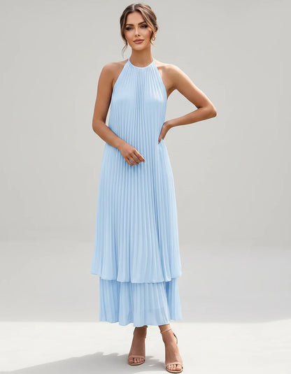 Pleated Chiffon Sleeveless Halter Neck A-Line Midi Dress for Party, Cocktail, Evening, Wedding Guest & Summer Events, front v | SKU: SMD-582746193857421-LIGHTBLUE-L,SMD-582746193857421-LIGHTBLUE-M,SMD-582746193857421-LIGHTBLUE-S,SMD-582746193857421-LIGHTBLUE-XL,SMD-582746193857421-LIGHTBLUE-XS