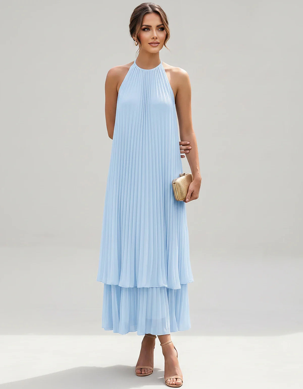 Pleated Chiffon Sleeveless Halter Neck A-Line Midi Dress for Party, Cocktail, Evening, Wedding Guest & Summer Events, front v | SKU: SMD-582746193857421-LIGHTBLUE-L,SMD-582746193857421-LIGHTBLUE-M,SMD-582746193857421-LIGHTBLUE-S,SMD-582746193857421-LIGHTBLUE-XL,SMD-582746193857421-LIGHTBLUE-XS
